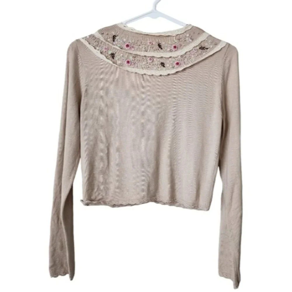 Y2K Coquette Cream Knit Cardigan Top with Floral Beading Pearls Sequins M - Picture 3 of 11